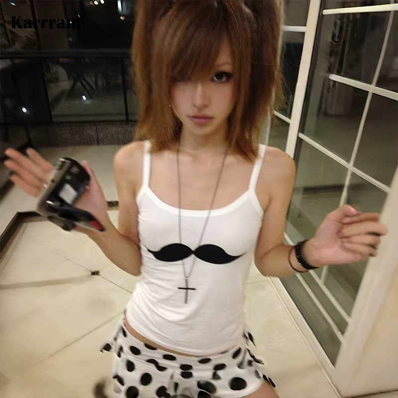 Karrram japonais Y2k barbe imprimé débardeur Trashy années 2000 Style blanc Camisole Vintage Harajuk