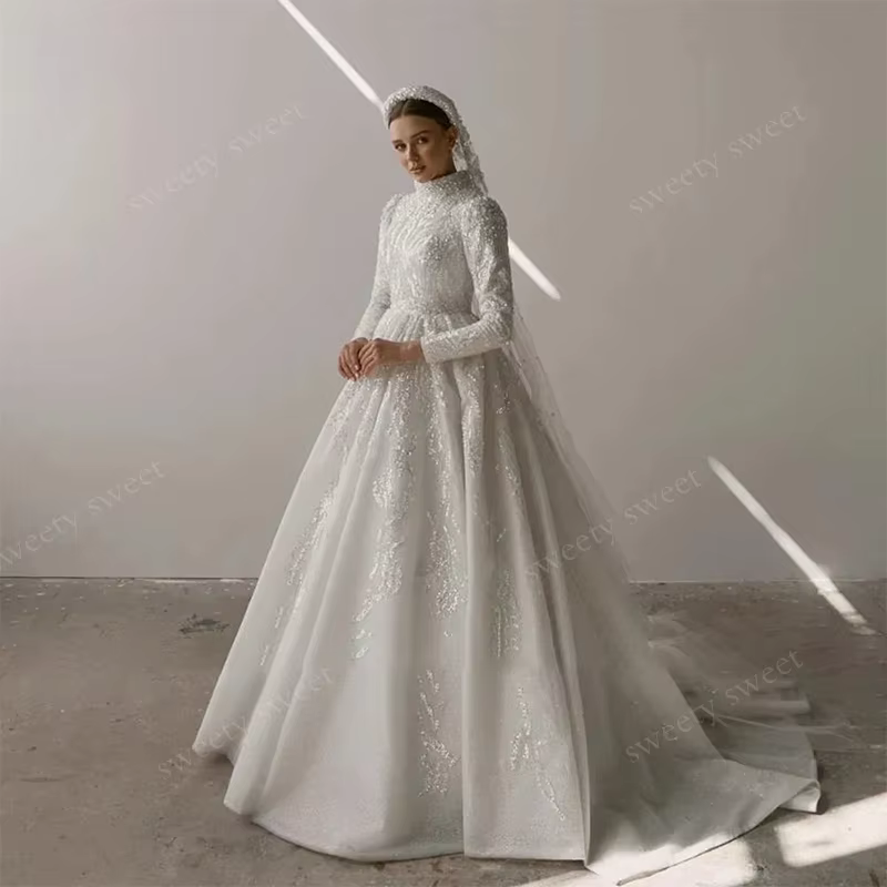 Robe De mariée luxueuse en dentelle brodée, col haut, ligne a, manches longues, robe De mariée perso