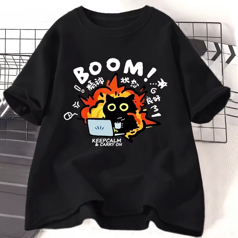 T-shirt Crazy Cat pour hommes et femmes, T-shirt drôle avec chat, décontracté, col rond, manches cou