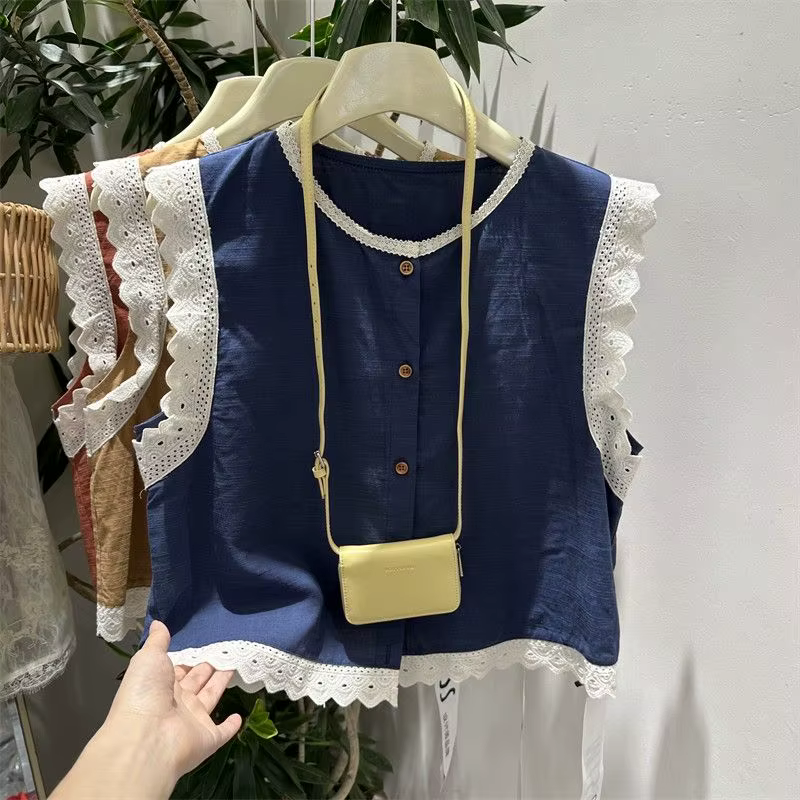 Nouveau débardeur chic et ample pour femme, col rond, sans manches, avec empiècements en dentelle et