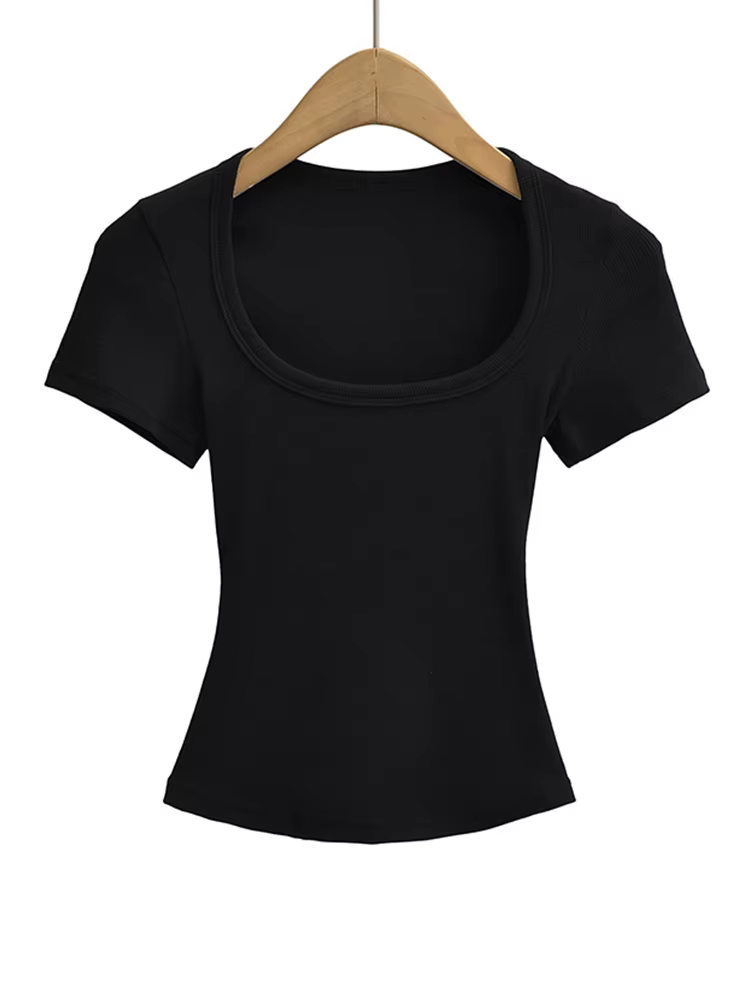 Col carré haute Stretch été culture hauts femmes à manches courtes hauts Sexy pull sommets Blouses m