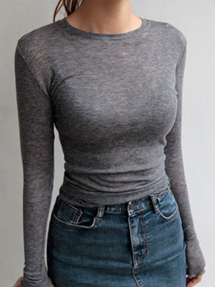 T-shirt à manches longues pour femmes, simple, en coton, élastique, basique, décontracté, sexy, fin,