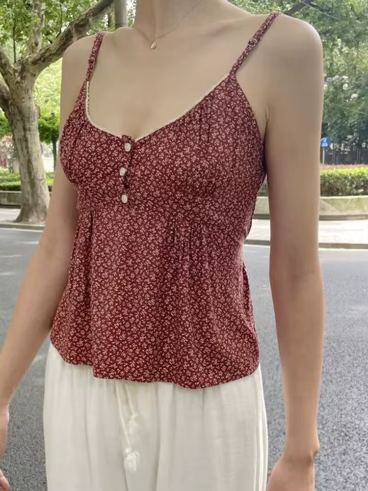 Haut court à volants en coton à col en V pour femmes, gilets vintage féminins, imprimé floral, bouto