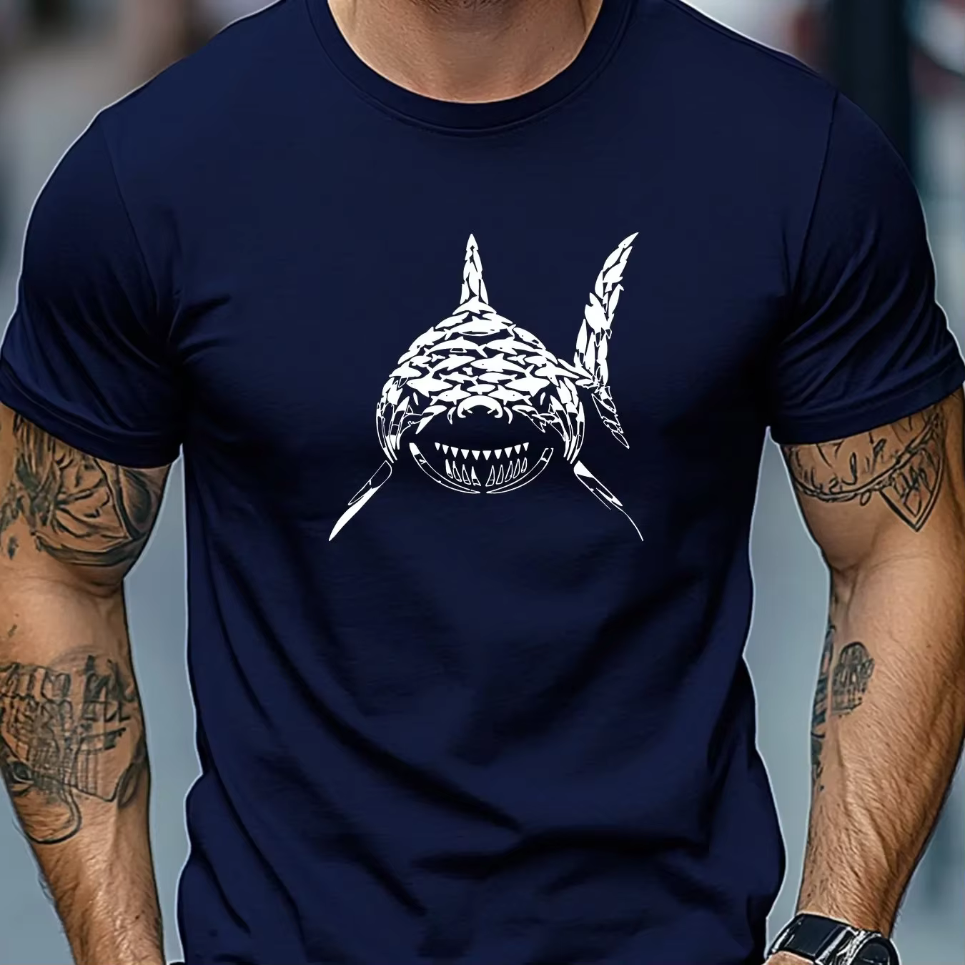 T-shirt pour homme 100% coton, imprimé requin, manches courtes, col rond, style minimaliste, unisexe
