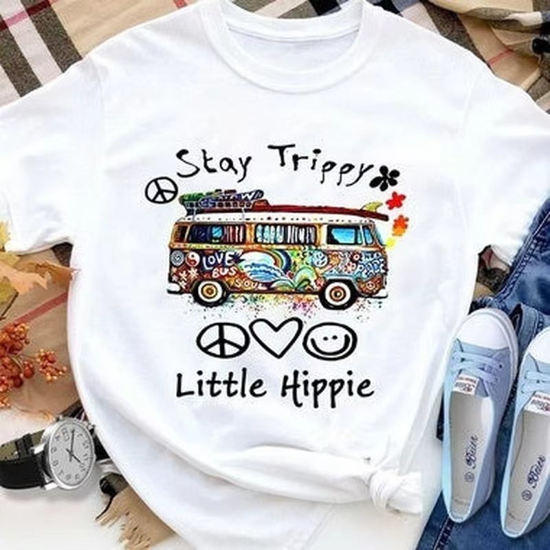 Petit Hippie imprimé t-shirt femmes à manches courtes col rond t-shirt ample été femmes t-shirt déco