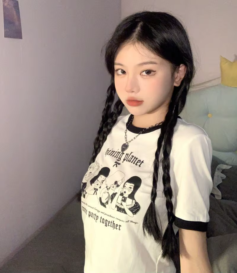Haut court vintage à col rond pour femme, t-shirt à manches courtes, lettre imprimée, mode coréenne,