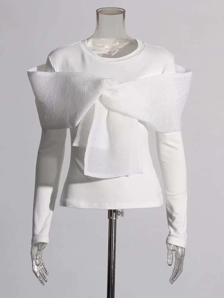 TWOTWINSTYLE Solide Patchwork Bowknot Minceur T-shirt Pour Les Femmes Col Rond À Manches Longues Min