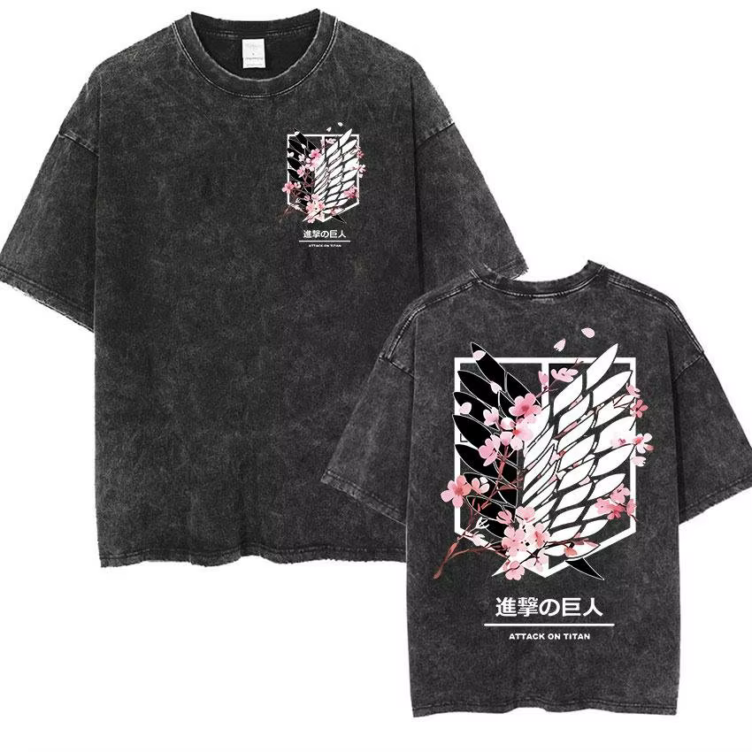 Nouveau T-shirt Oversize Vintage Lavé Homme et Femme 2026 – Motif L'Attaque des Titans – Streetwear 