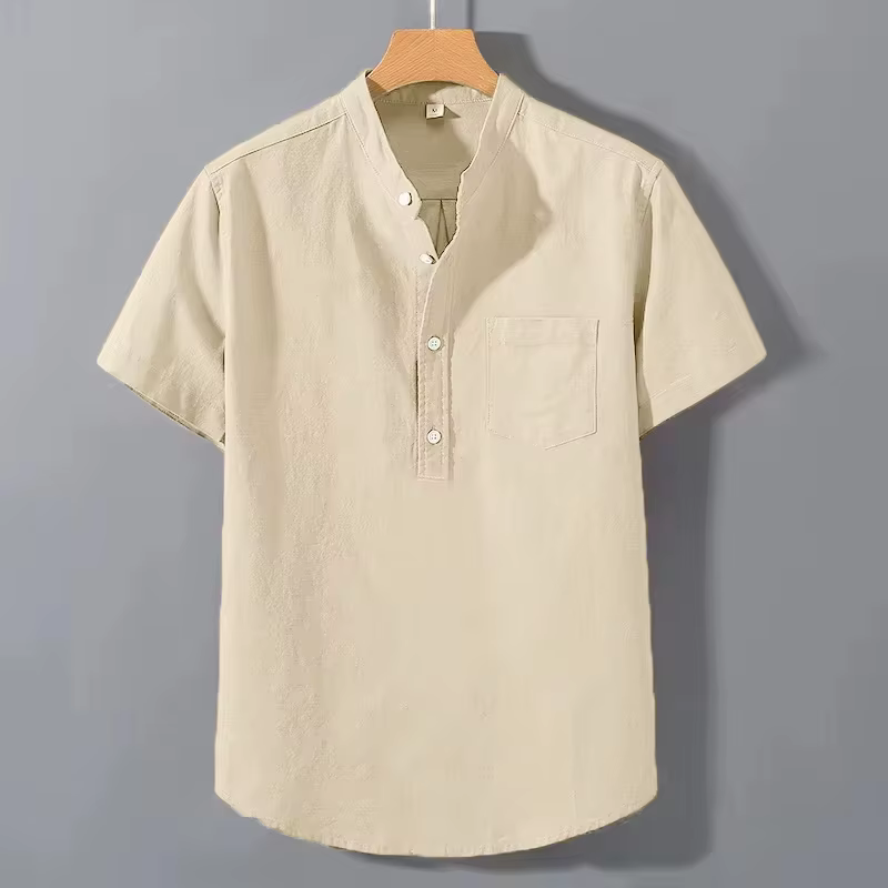 Nouveaux hommes à manches courtes t-shirts couleur unie col montant chemise été à la mode respirant
