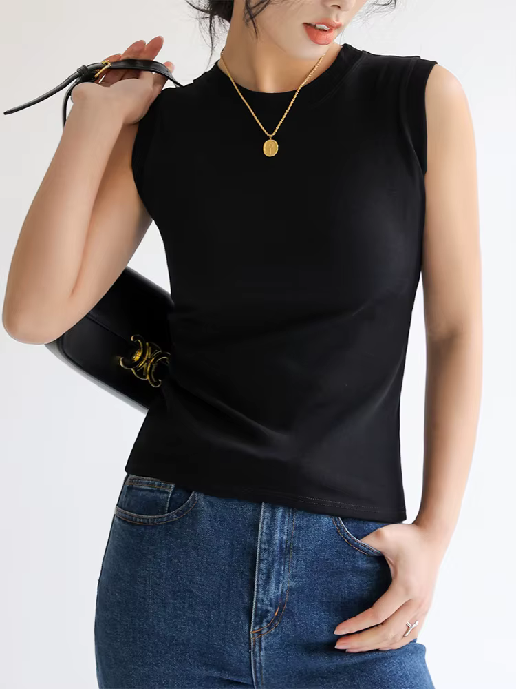 Camisole gilet pour femmes col rond coloré basique sans manches maillot de corps hauts t-shirts avec