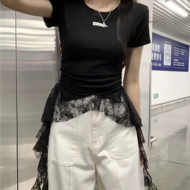 T-shirt à manches courtes avec ruban en dentelle pour femmes, haut Slim à taille irrégulière, nouvel