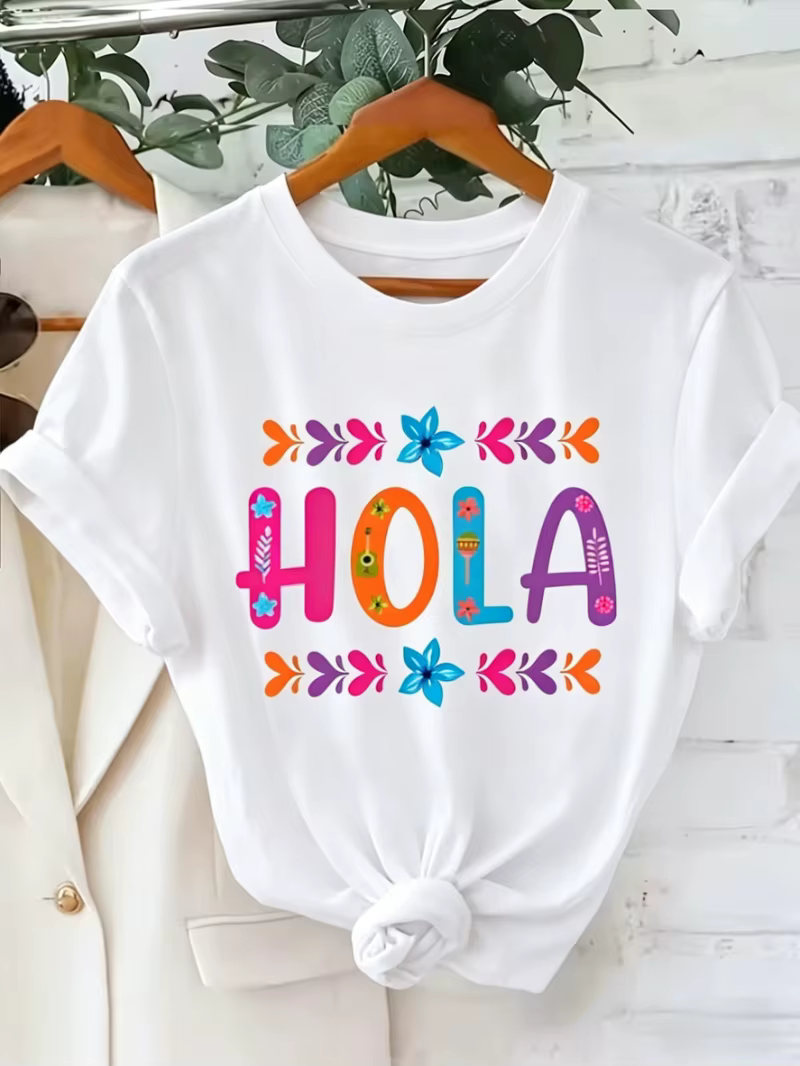 T-shirt pour femme avec motif floral coloré HOLA Fiesta mexicaine, manches courtes décontractées, im