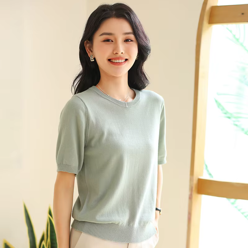 T-shirt d'été 100 % pur coton pour femme, décontracté, uni, tricoté, à manches courtes, col rond, co