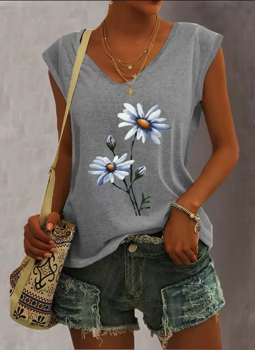 T-shirt col V femme, estival et décontracté, à la mode, avec imprimé floral et précieux, 5 documents