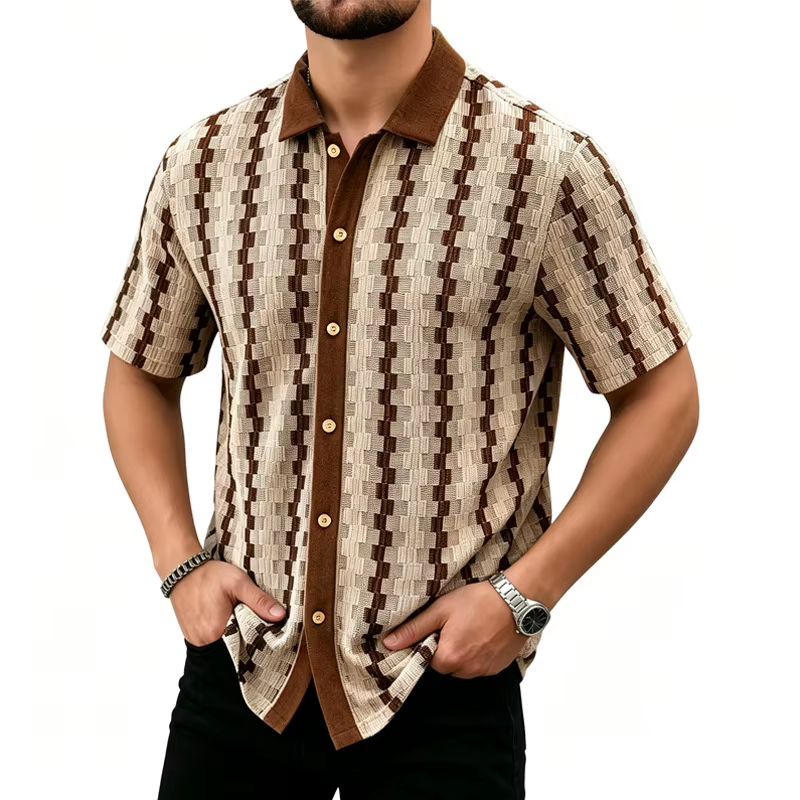 Chemise d'été 2026 pour homme, tricotée à carreaux rétro, à manches courtes, haut polyvalent décontr