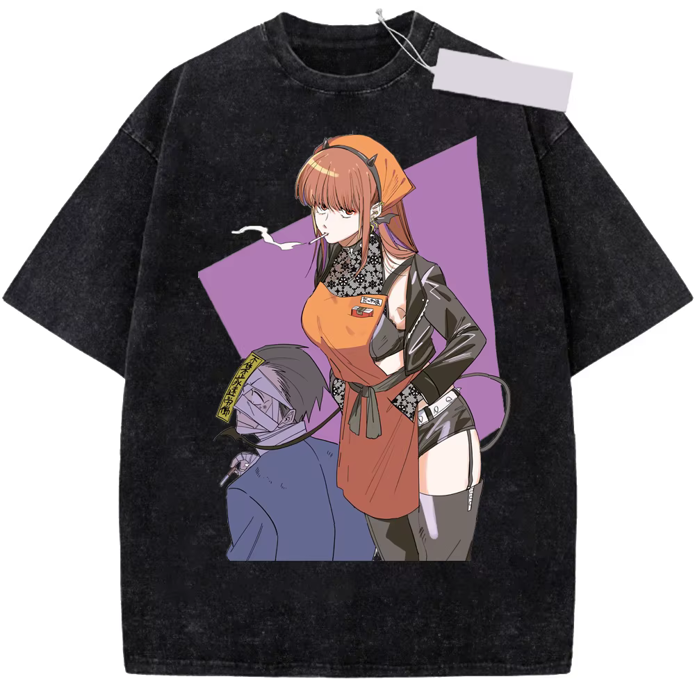 T-shirt en coton lavé pour hommes et femmes, style Harajuku, motif anime 'Fumer derrière le supermar