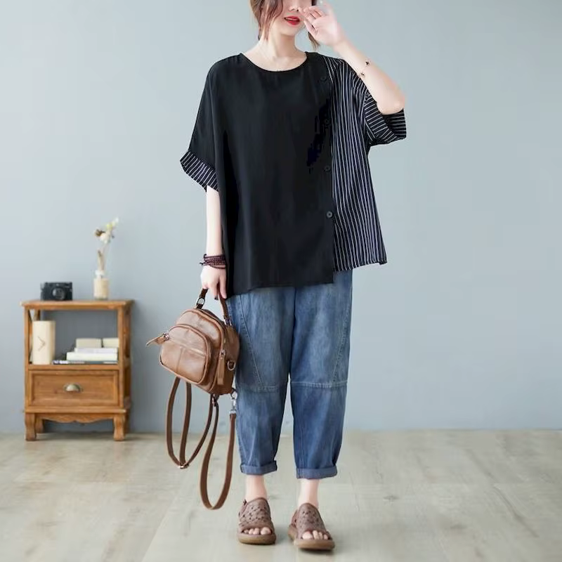 T-shirt à manches courtes en coton et lin pour femme, haut patchwork rayé, design boutonné, tendance