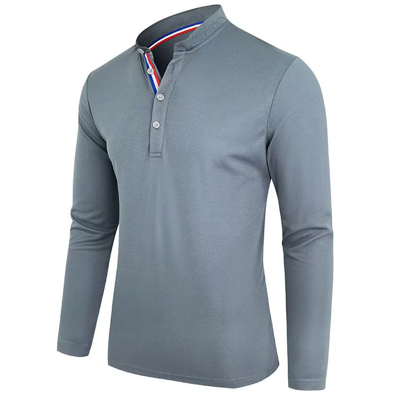 Polo à manches longues pour hommes, style décontracté, respirant, à col montant Henry, confortable, 