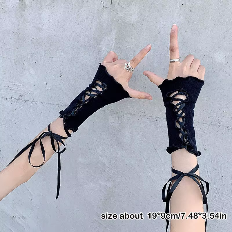 Femmes cerclage dentelle sans doigts chaud Sexy bras manches bricolage à lacets gants de protection 