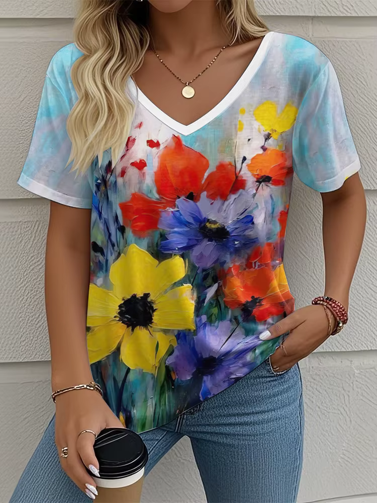 T-Shirt femme motif Floral impression 3D extérieur décontracté col rond manches courtes hauts mode t