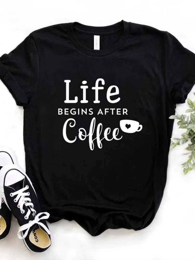 T-shirt manches courtes col rond femme, décontracté, imprimé Life Begins After Coffee