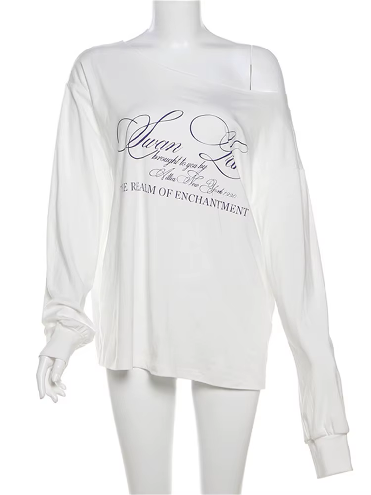 Sisterlinda quotidien Style polyvalent T-Shirts femmes lettre impression épaule inclinée manches lon