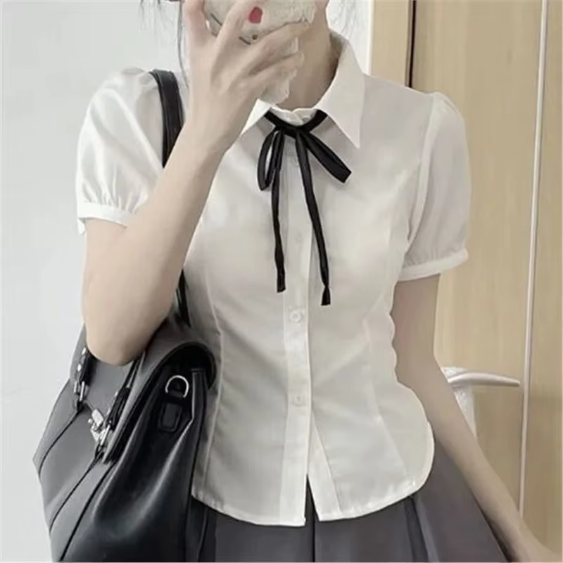 Haut court pour femmes, uniforme JK, manches bouffantes, chemise ajustée à la taille, Style Preppy, 