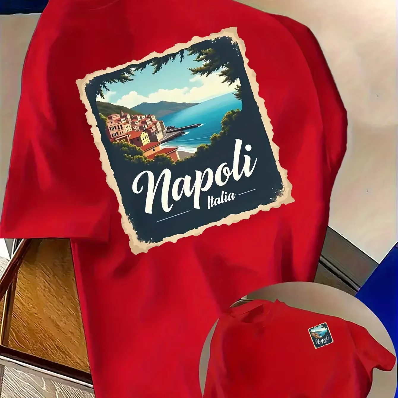 T-shirt pour homme en coton 100% avec imprimé paysage côtier italien, coupe ample, col rond, haut dé