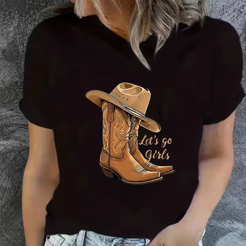 T-shirt noir à imprimé monogramme avec bottes de cowboy et chapeau pour femme, t-shirt graphique déc