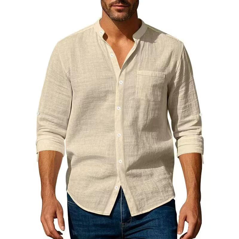 Chemise en coton et lin pour homme, col Henley, couleur unie, légère, respirante, coupe ajustée, sim