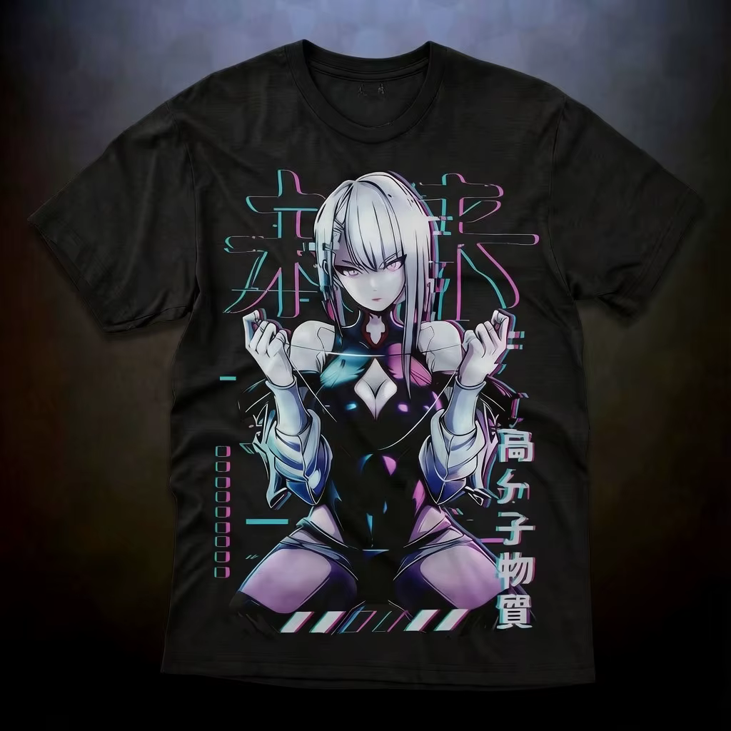 T-shirt Cyberpunk Edgerunners été 2026, motif intégral néon Lucy Pink Cyan Glitch, coupe oversize dé