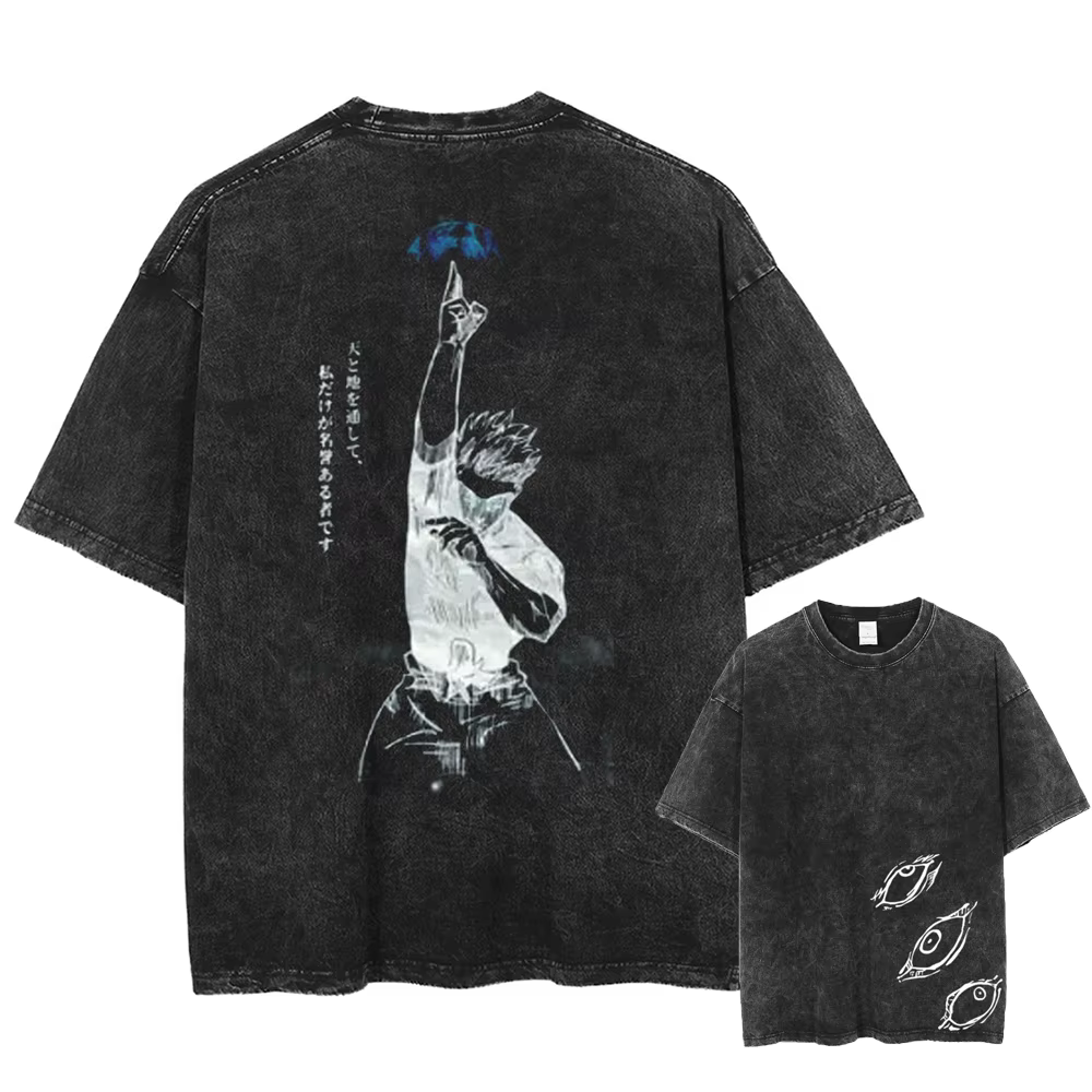 T-shirt Unisexe 2026 Gojo Satoru Jujutsu Kaisen en Coton Lavé – Vêtement d'Été à Manches Courtes Sty