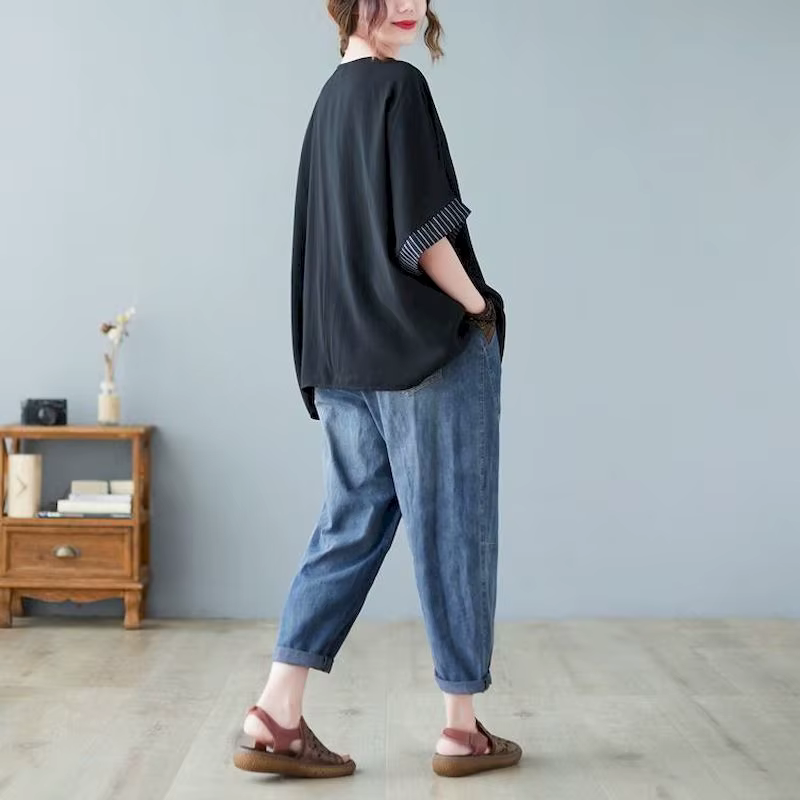 T-shirt à manches courtes en coton et lin pour femme, haut patchwork rayé, design boutonné, tendance