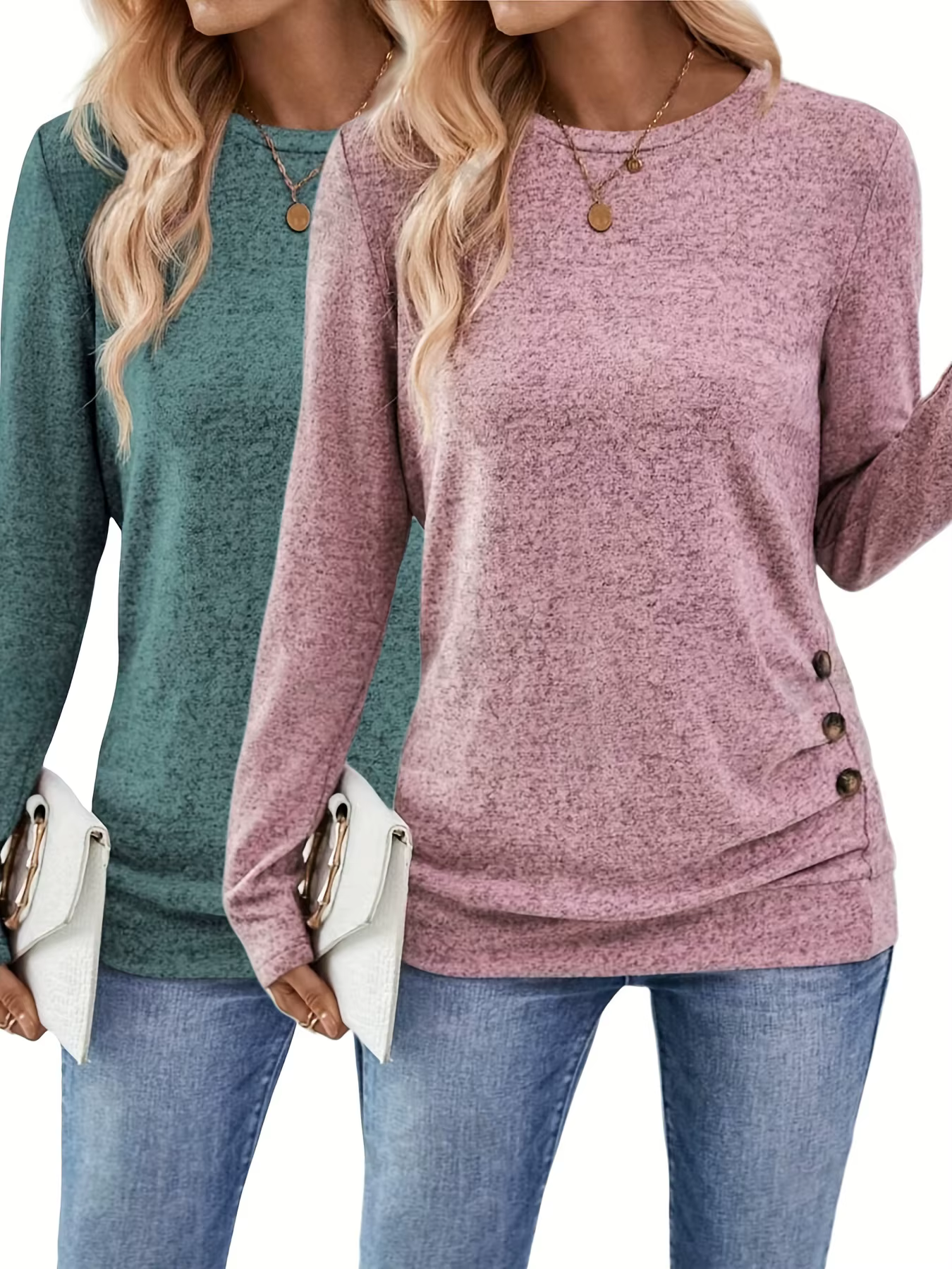 T-Shirt froncé à décor de boutons, haut décontracté à manches longues pour le printemps et l'automne