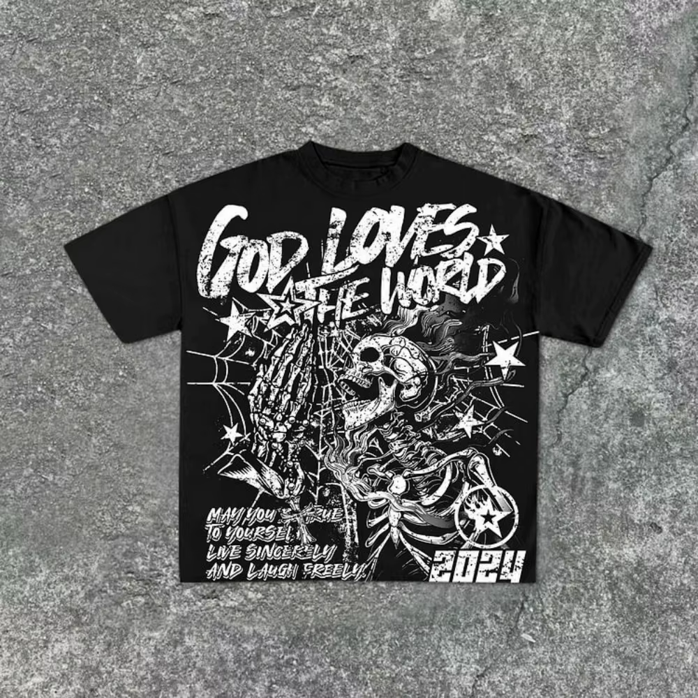 T-shirt col rond pour hommes, style à la mode, imprimé tête de mort, confortable et respirant, haut