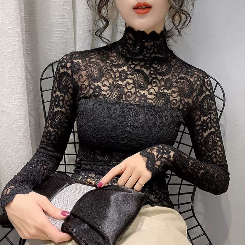 Chemisier femmes dentelle transparente t-shirt extensible col roulé pétale manches fille Blusas Muje
