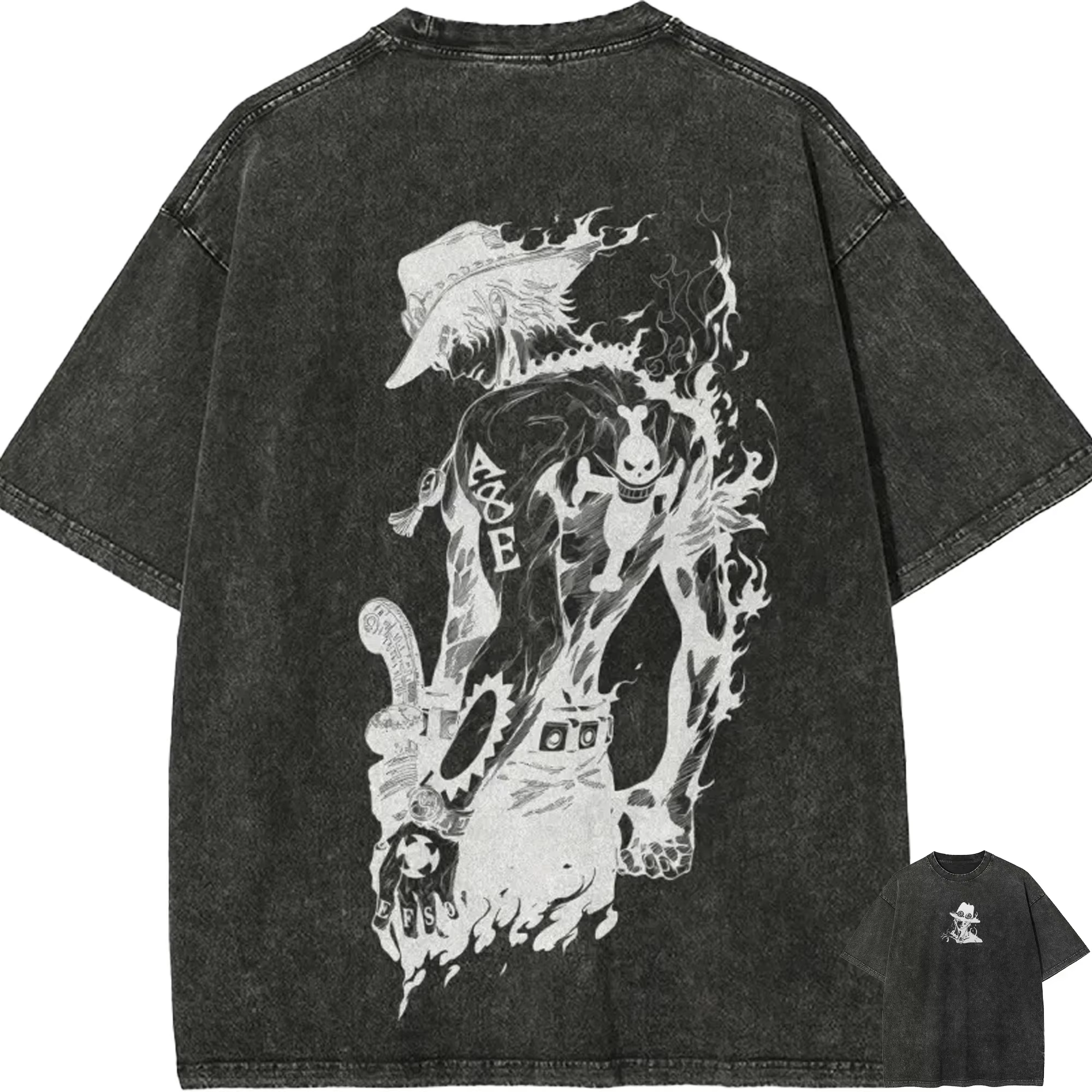 T-shirt Ace pour homme, One Piece, effet délavé, motif poing de feu, coton vintage, streetwear, logo