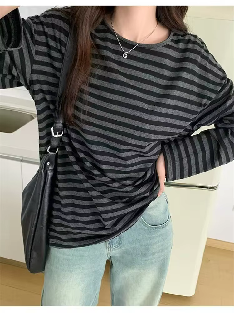 T-shirt rayé à manches longues et col rond pour Femme, haut surdimensionné, décontracté, Streetwear,