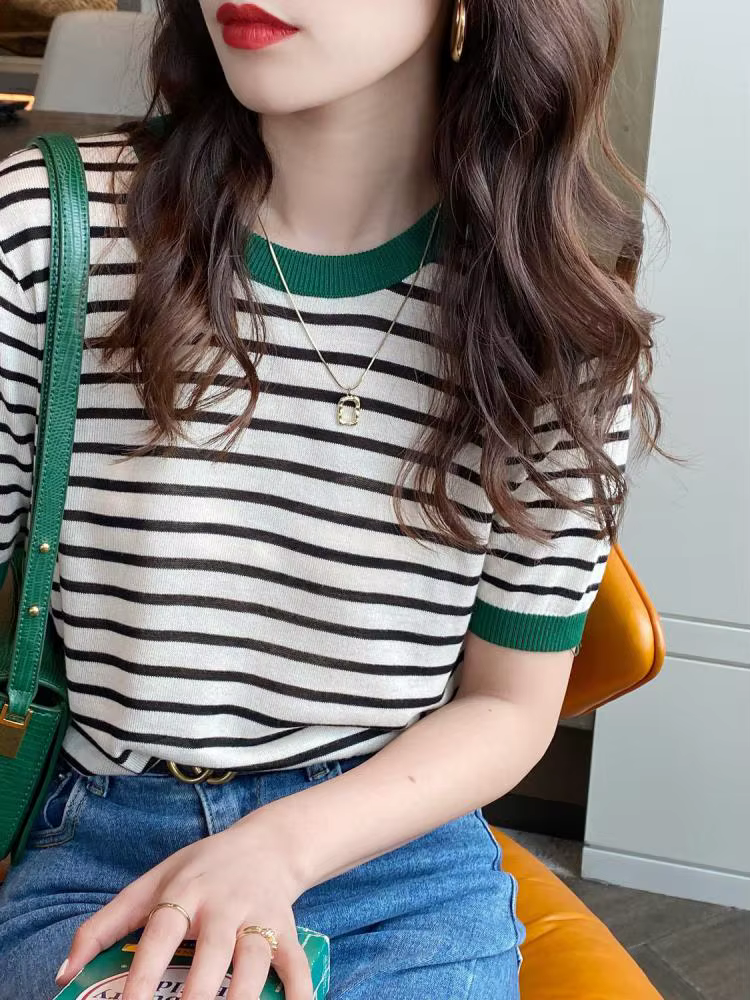 T-shirt décontracté à rayures pour femme, col rond, manches courtes, imprimé été, style simple et po