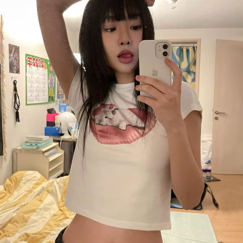 Karr233-T-shirt à manches courtes avec lapin imprimé, streetwear doux, à la mode coréenne, kpop kawa