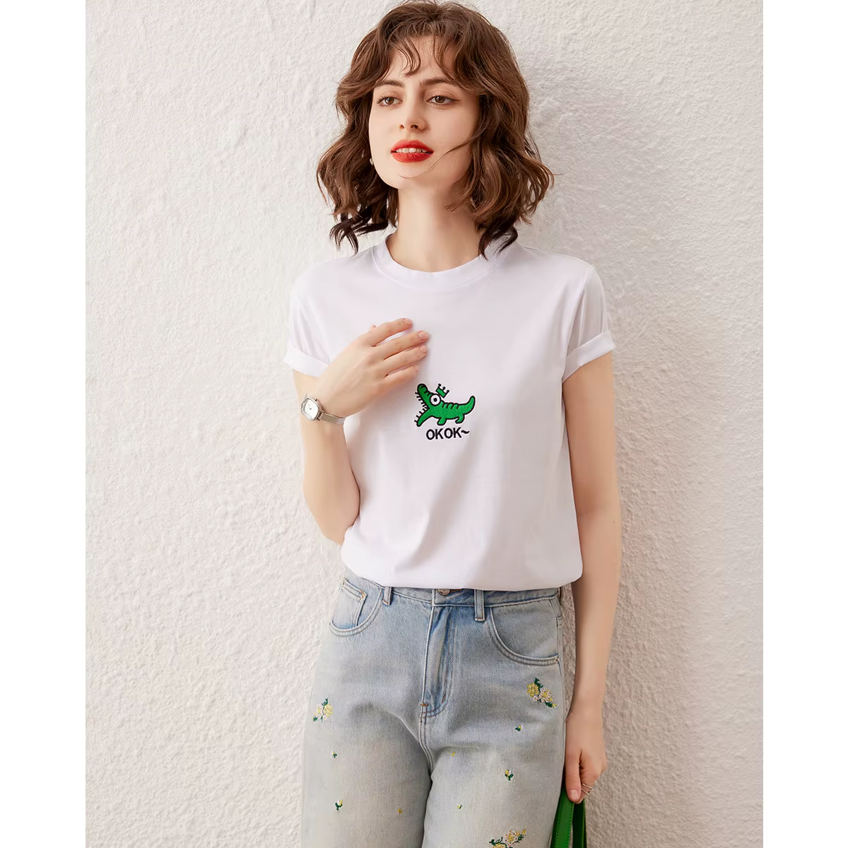 Modiis Yao-T-shirt brodé crocodile pour femme, col rond basique, pull à manches courtes, haut décont