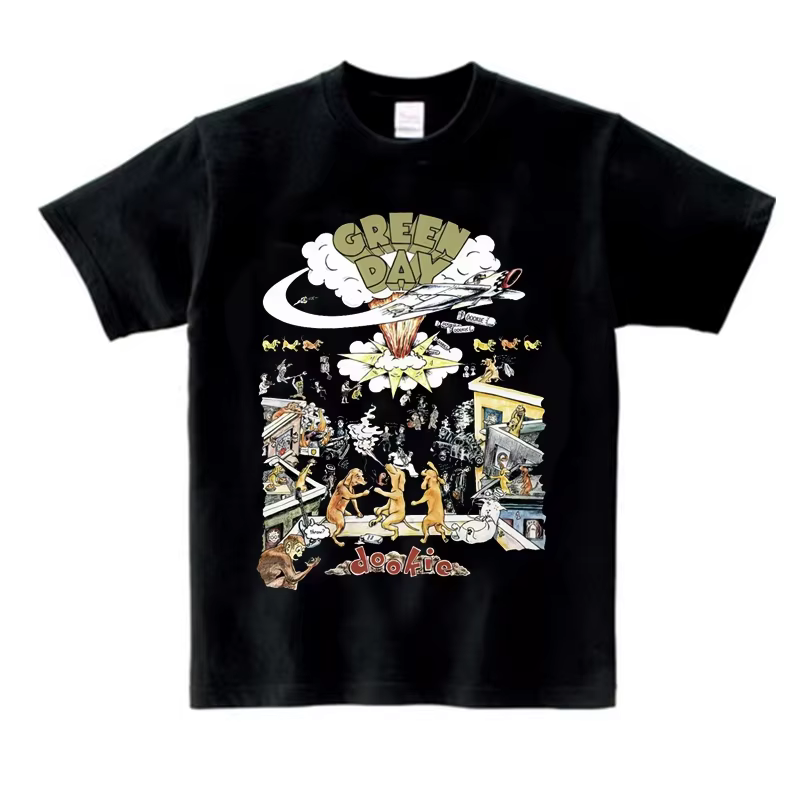 T-shirt noir vintage des années 90 avec motif de dessin animé, style punk rétro, streetwear, manches