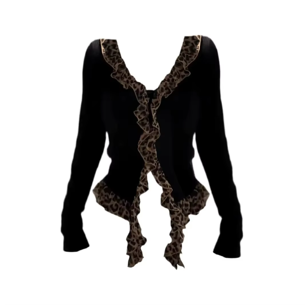 T-Shirt à manches longues imprimé léopard pour femmes, Style américain, coupe cintrée, haut de gamme
