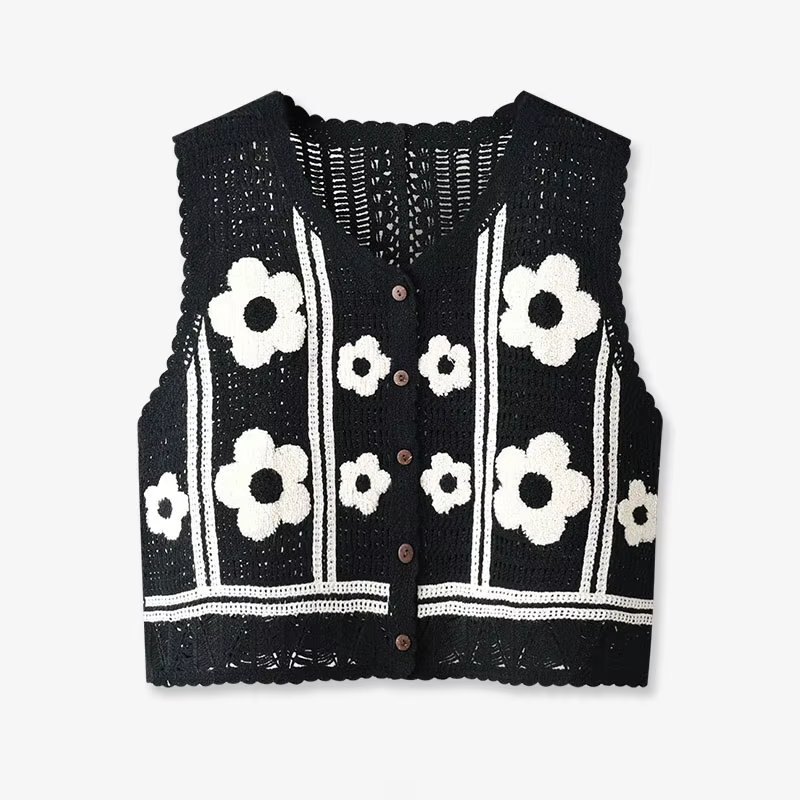 Débardeur en Crochet à fleurs pour femmes et adolescentes, haut court sans manches avec boutons sur 