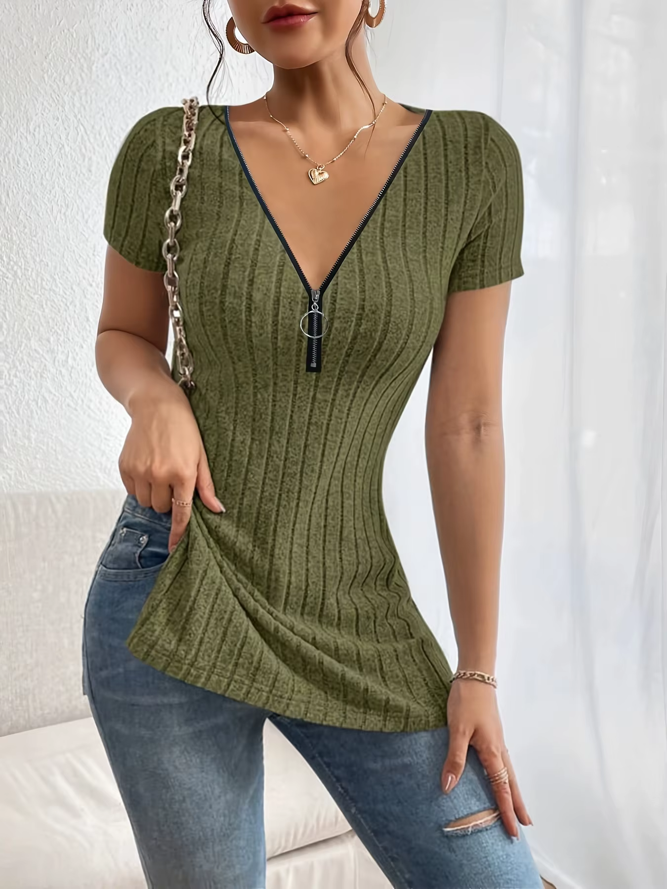 Haut polyvalent et chic à col en V pour femme - Vêtements décontractés extensibles et faciles à entr