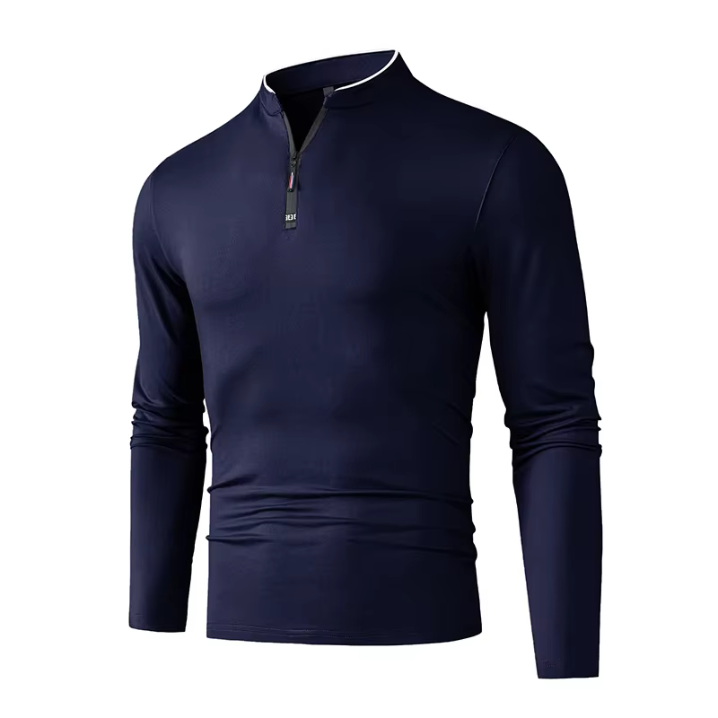 Polo décontracté à fermeture éclair pour hommes, nouvelle couleur unie, manches longues, col montant