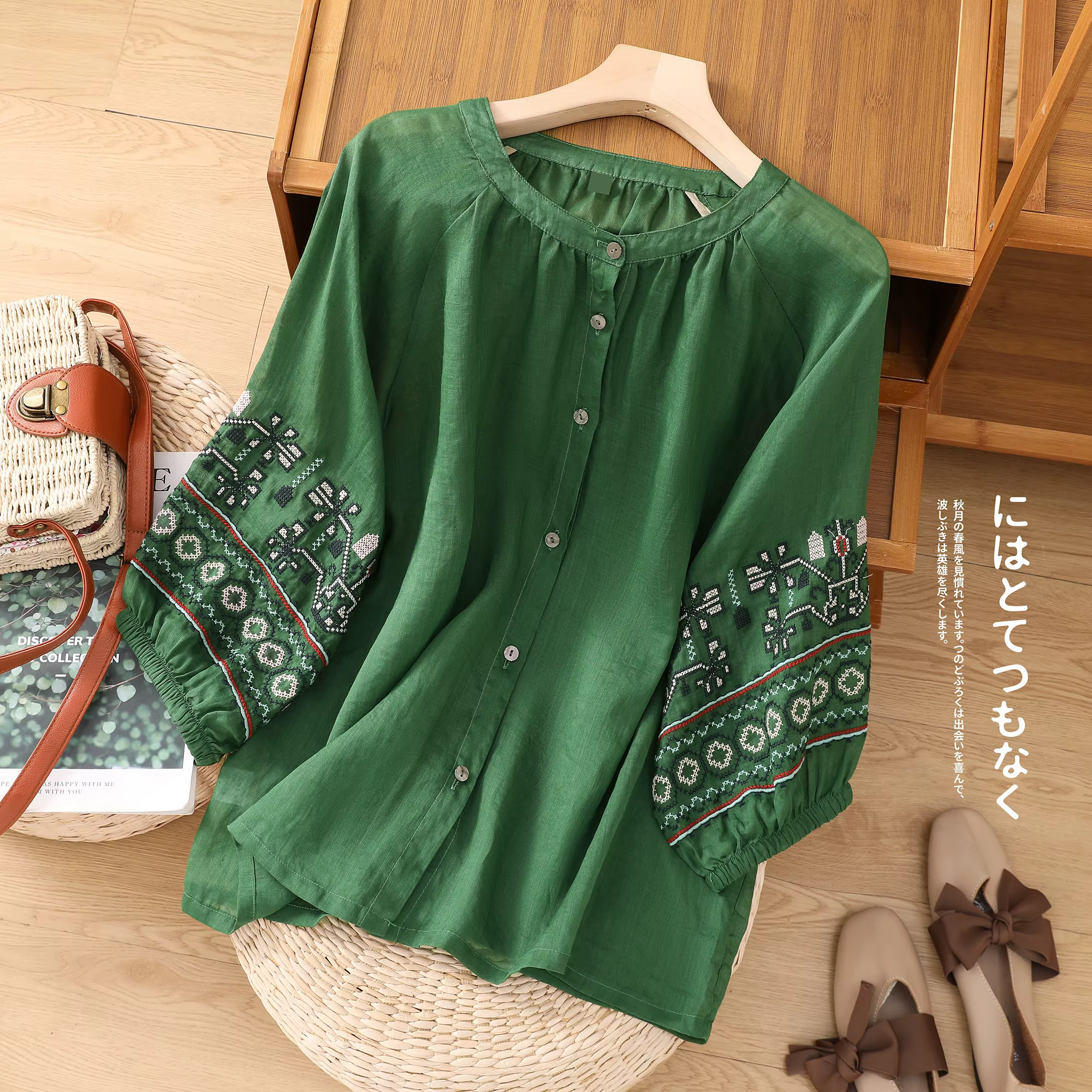 Chemise à col rond brodée en coton et lin pour femme, haut décontracté élégant, grande taille, à la 