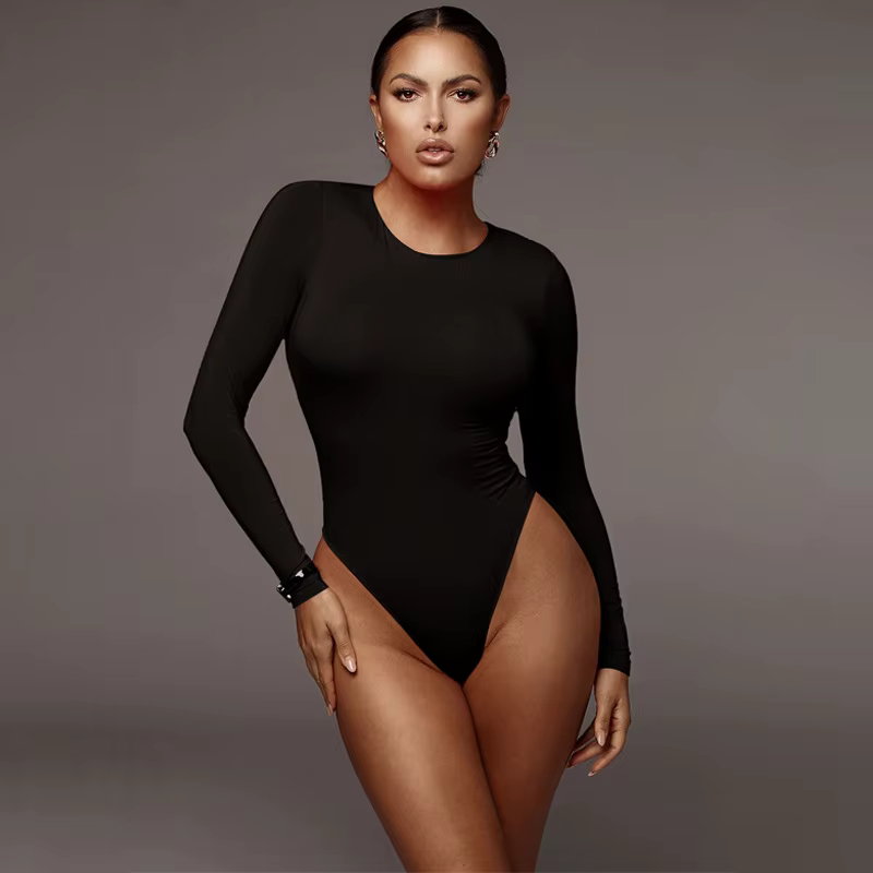 Body Top à manches longues et col rond pour femme, costume de batterie sexy, streetwear décontracté,