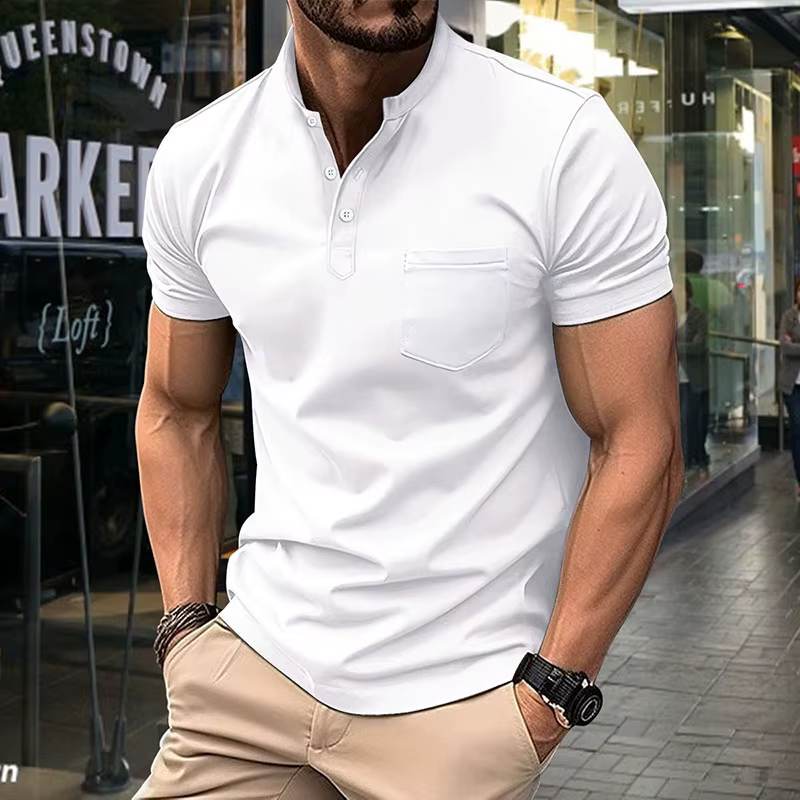 Polo Henley pour homme à manches courtes, boutonné, décontracté, avec poche poitrine, en polyester r