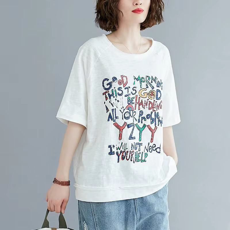 T-shirt manches courtes femme, ample et décontracté, en coton, avec lettres imprimées, art coréen, t